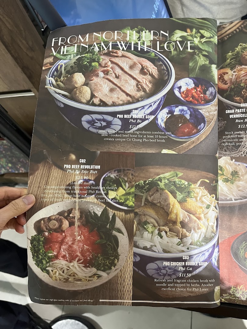 A menu page showcasing various authentic Vietnamese Pho and noodle soup dishes with descriptions and prices.