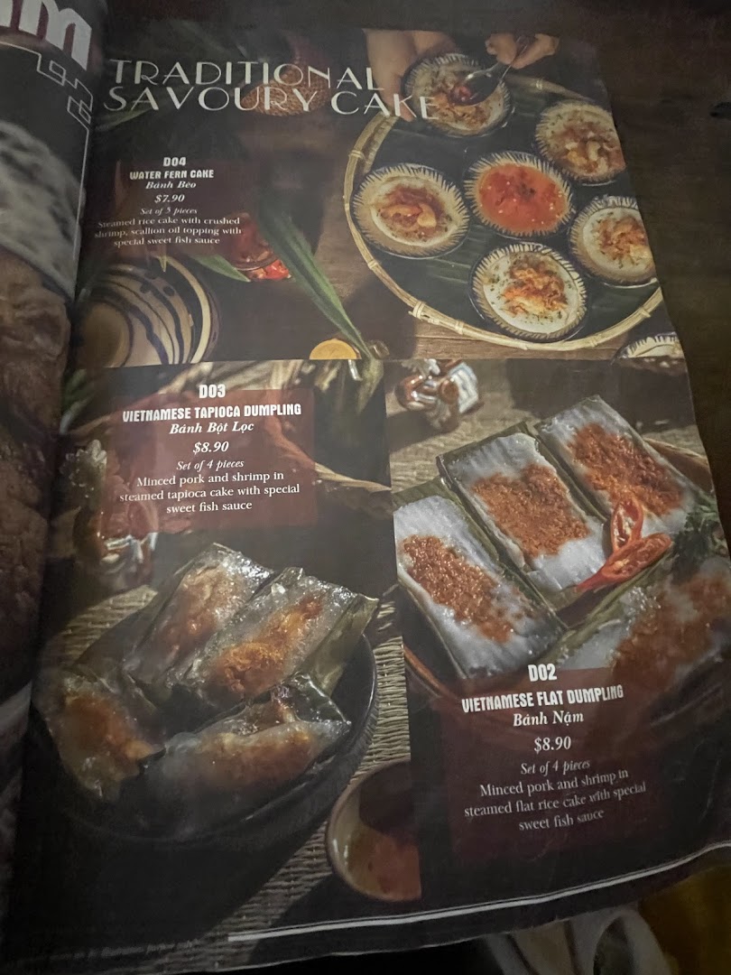 A menu page showcasing traditional Vietnamese savoury cakes and dumplings with descriptions and prices.