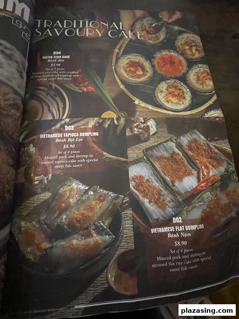 A menu page showcasing traditional Vietnamese savoury cakes and dumplings with descriptions and prices.