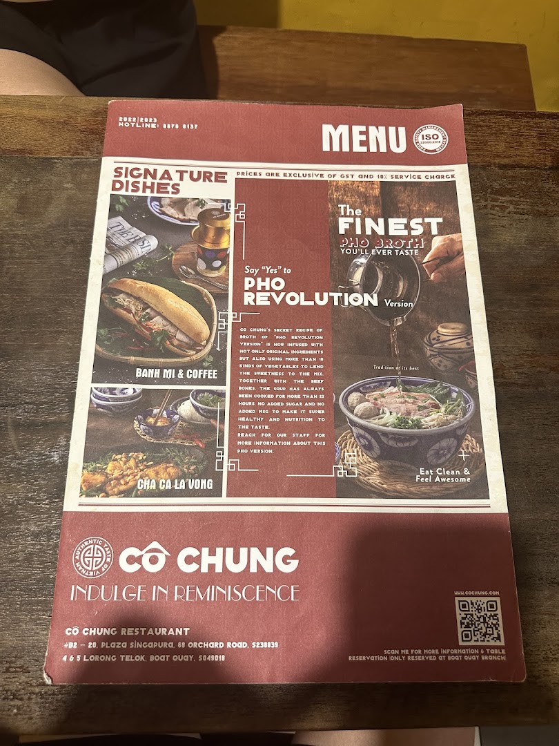 A detailed view of the Co Chung Vietnamese Restaurant menu, showcasing signature dishes and restaurant information.