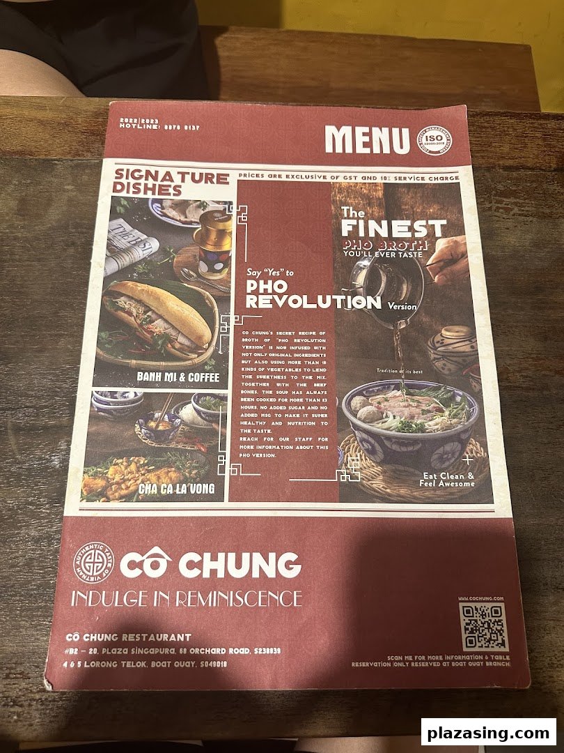 A detailed view of the Co Chung Vietnamese Restaurant menu, showcasing signature dishes and restaurant information.