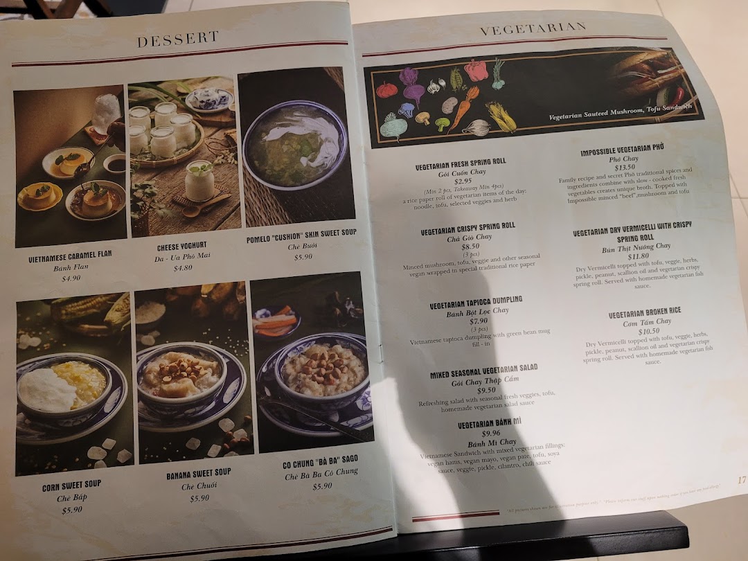 A detailed menu showcasing a variety of Vietnamese desserts and vegetarian dishes with prices.
