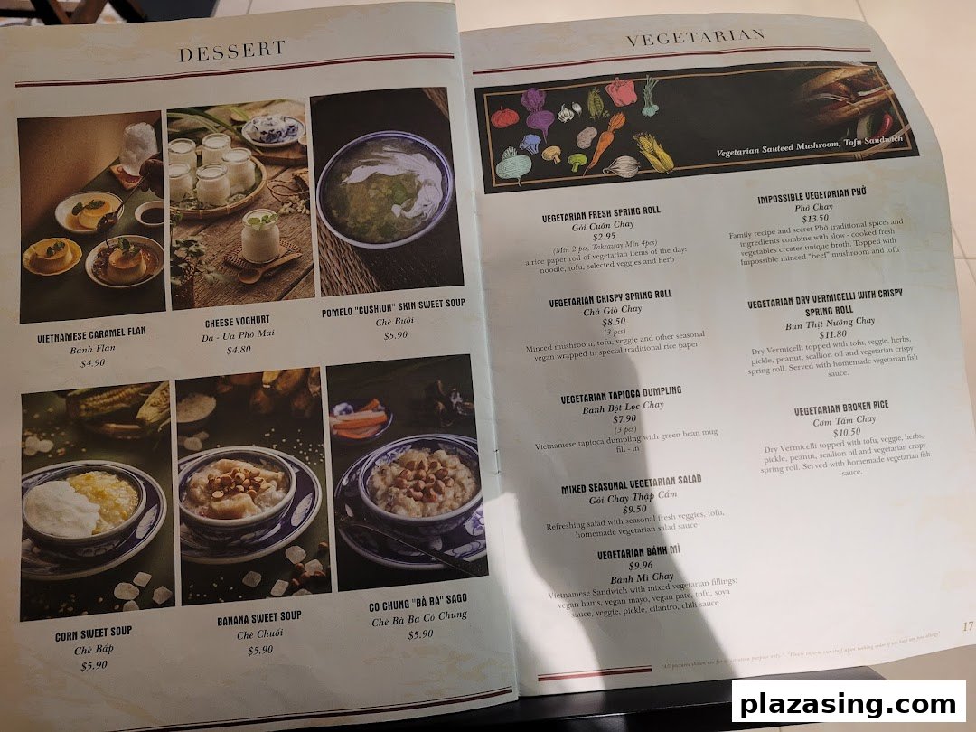 A detailed menu showcasing a variety of Vietnamese desserts and vegetarian dishes with prices.