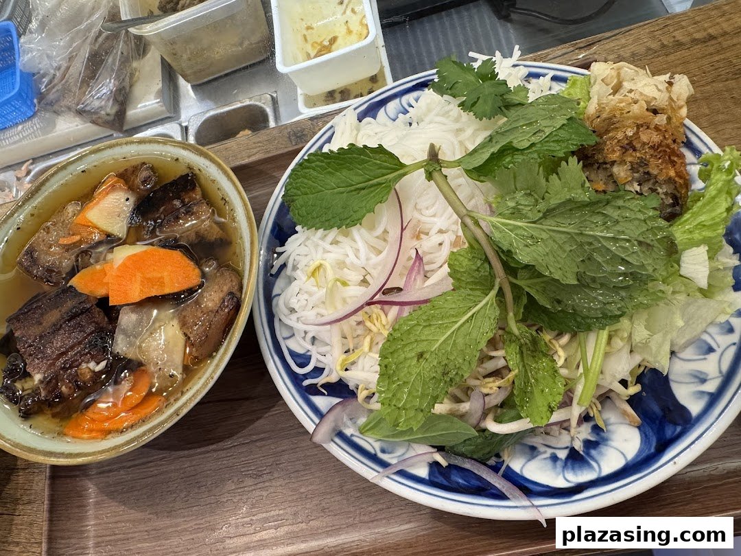 A vibrant Vietnamese dish featuring noodles, fresh herbs, and a spring roll, alongside a rich stew.