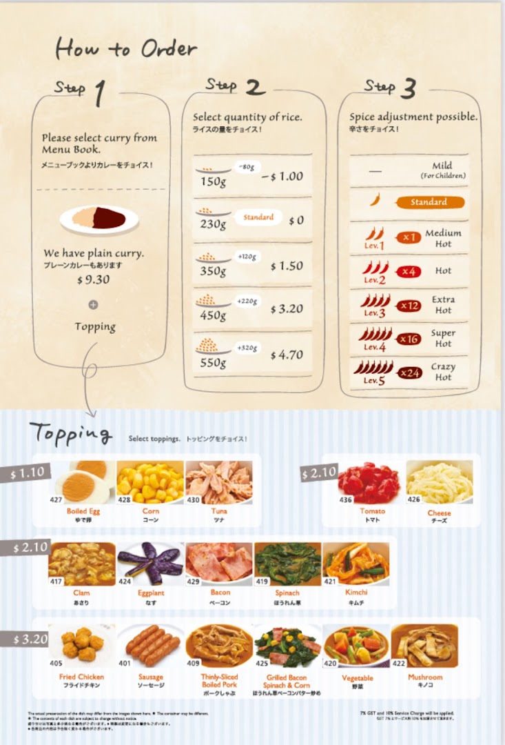 A detailed guide on how to order curry, including rice quantity, spice levels, and various toppings with prices.