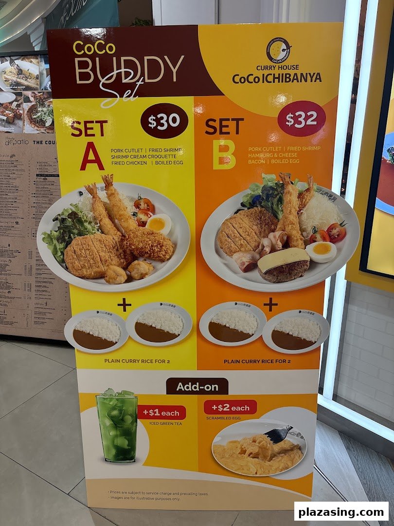 A promotional standee for CoCo ICHIBANYA featuring two 'Buddy Set' meal options with prices and add-ons.