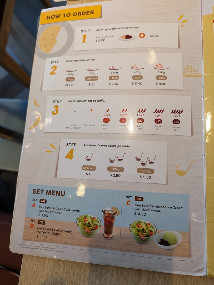 A detailed menu showing how to order curry, including rice, spice levels, sauce, and set meals.