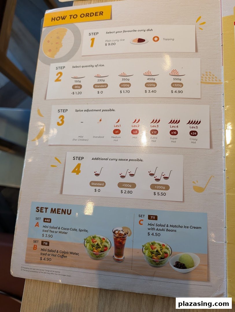 A detailed menu showing how to order curry, including rice, spice levels, sauce, and set meals.