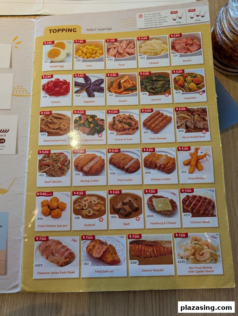 A detailed menu page from CoCo ICHIBANYA, showcasing a wide array of curry toppings and side dishes.