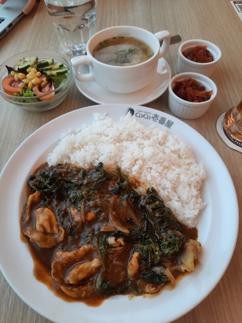 A delicious plate of Japanese curry rice with chicken, spinach, and onions, served with soup, salad, and pickles.