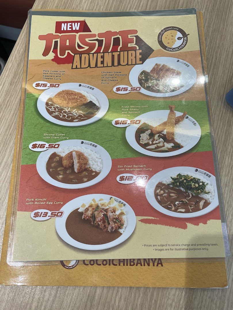A vibrant menu page from CoCo ICHIBANYA showcasing new curry dishes with prices.