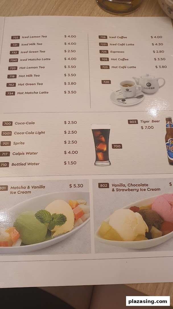 A detailed menu page displaying various beverages, soft drinks, and ice cream options with prices.