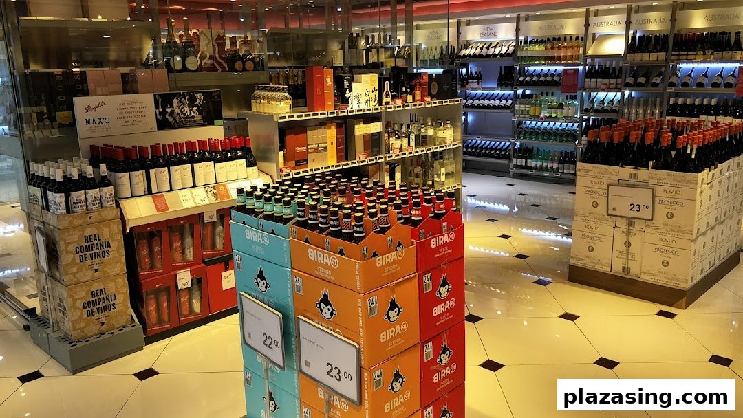 A well-stocked aisle at CS Fresh featuring a wide selection of wines, beers, and spirits.