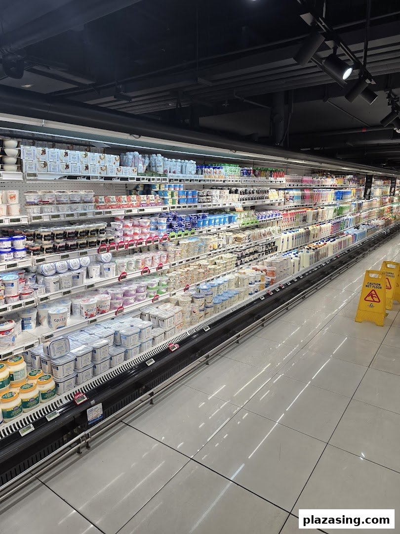 A long refrigerated aisle in CS Fresh, stocked with a wide variety of dairy products.