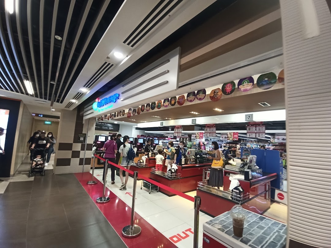 View of CS Fresh supermarket entrance with checkout counters and shoppers, highlighting a convenient grocery experience.