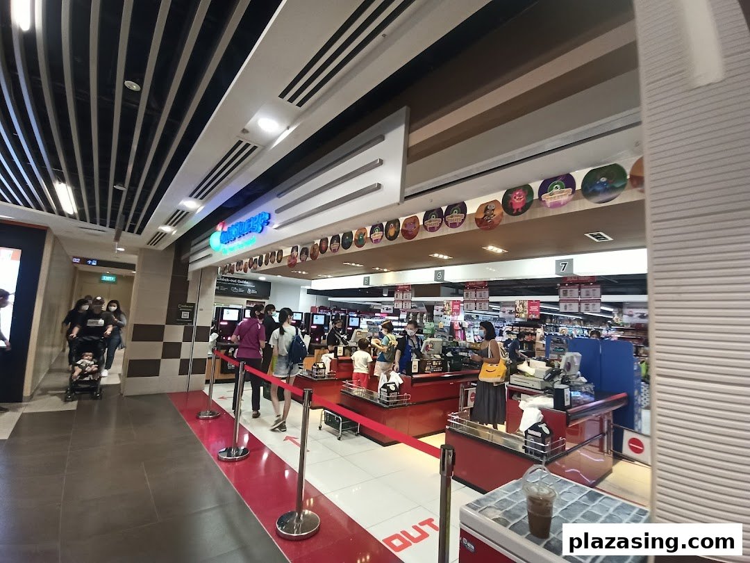 View of CS Fresh supermarket entrance with checkout counters and shoppers, highlighting a convenient grocery experience.