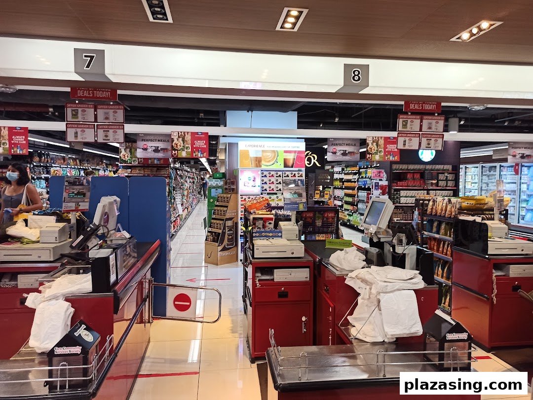 View of CS Fresh supermarket checkout counters and aisles, showcasing daily deals and fresh produce sections.