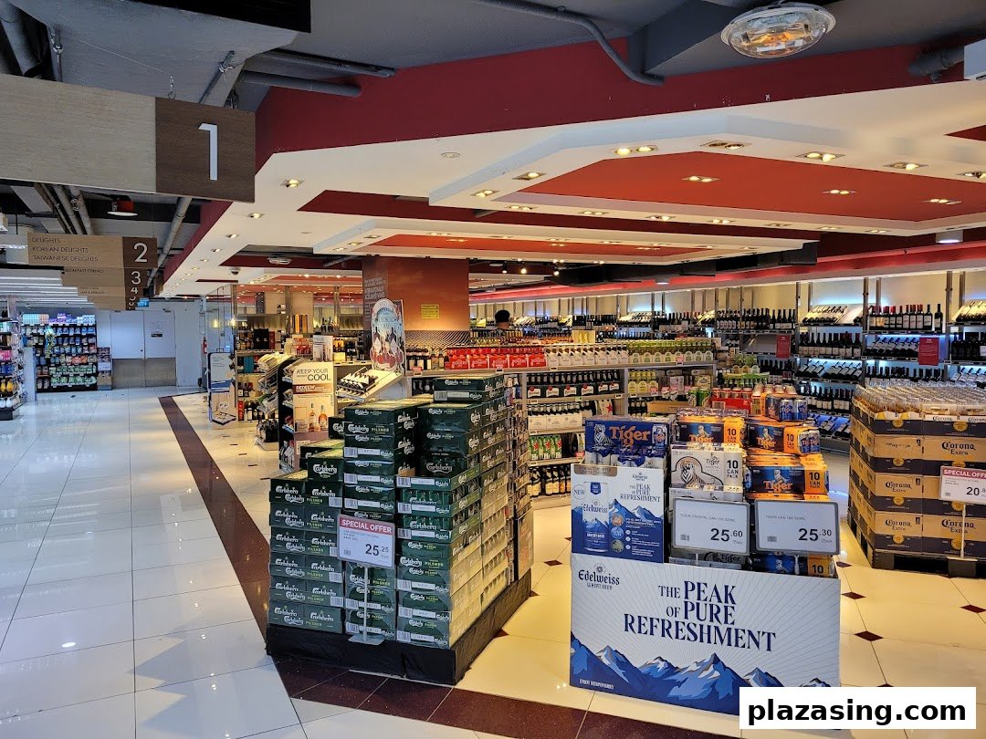 An aisle inside CS Fresh supermarket, showcasing a wide array of beverages, including beers and wines.