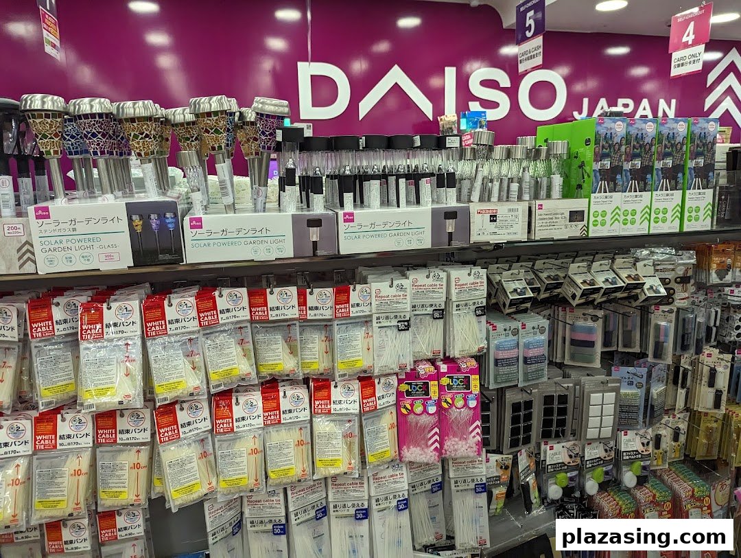 An interior view of Daiso Japan, showcasing a wide array of affordable household and garden products.