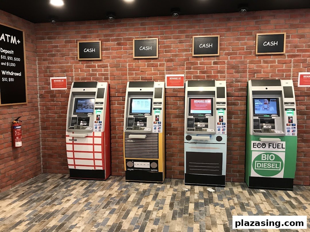 Four DBS ATMs with unique designs against a brick wall, offering deposit and withdrawal services.