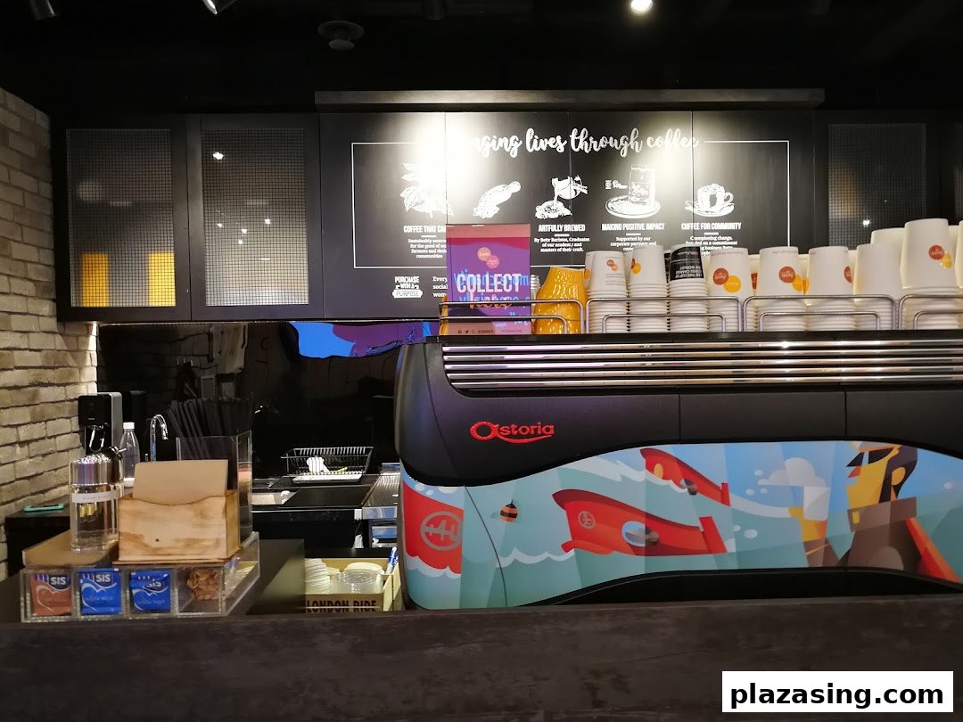 Interior view of a coffee counter featuring an Astoria espresso machine, stacked cups, and a wall mural.
