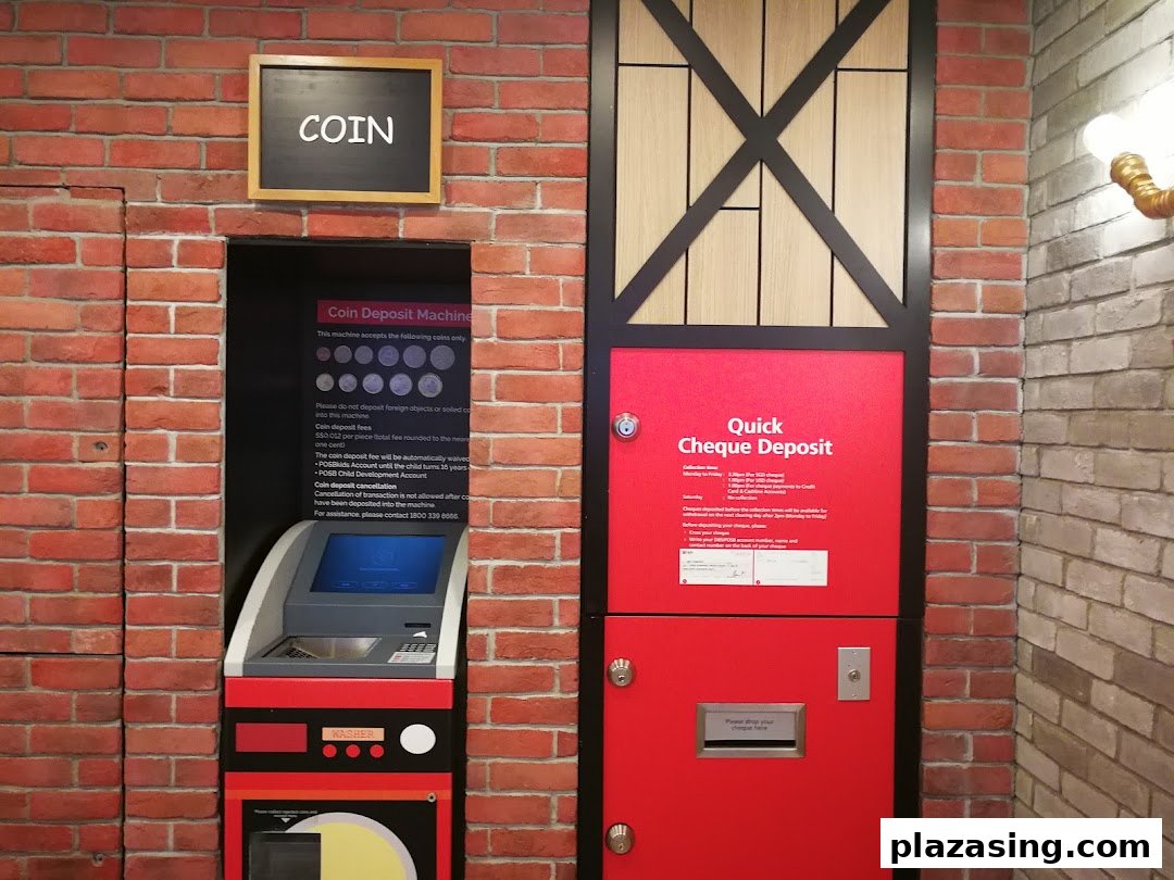 An interior view of DBS Plaza Singapura Branch showing coin and quick cheque deposit machines.
