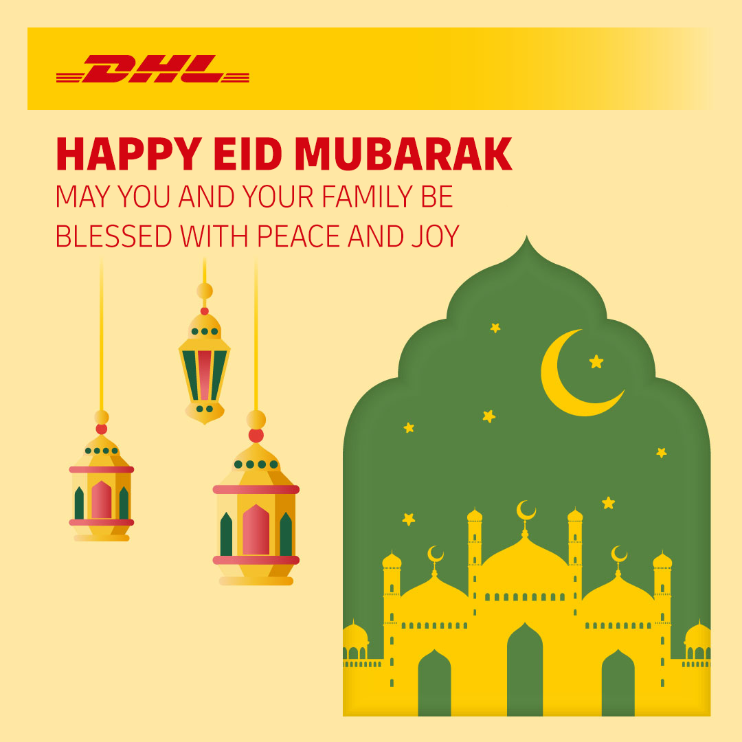 A festive graphic from DHL wishing 'Happy Eid Mubarak' with mosque and lantern illustrations.