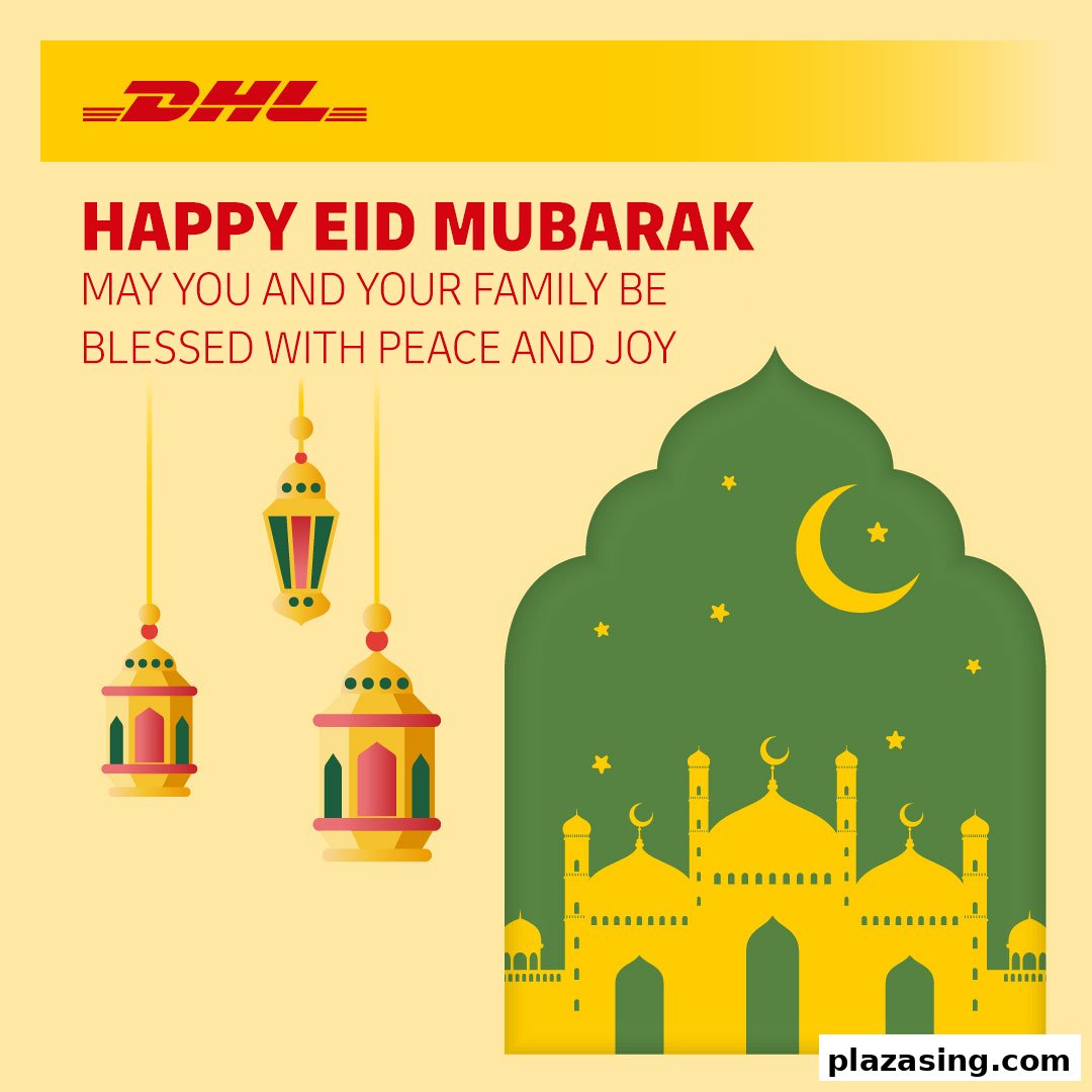 A festive graphic from DHL wishing 'Happy Eid Mubarak' with mosque and lantern illustrations.