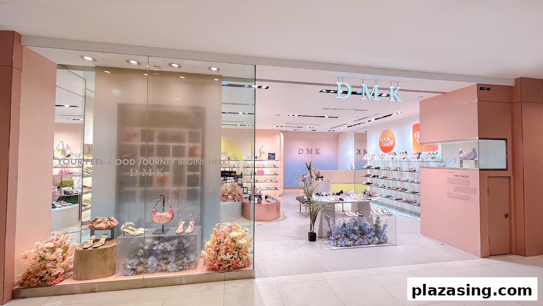 The storefront of DMK, a stylish shoe and bag shop, featuring pastel interiors and elegant product displays.