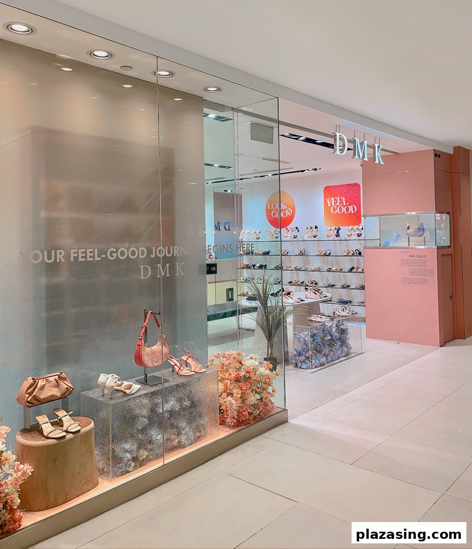 The inviting storefront of DMK, a footwear and accessories shop, showcasing stylish shoes and bags.