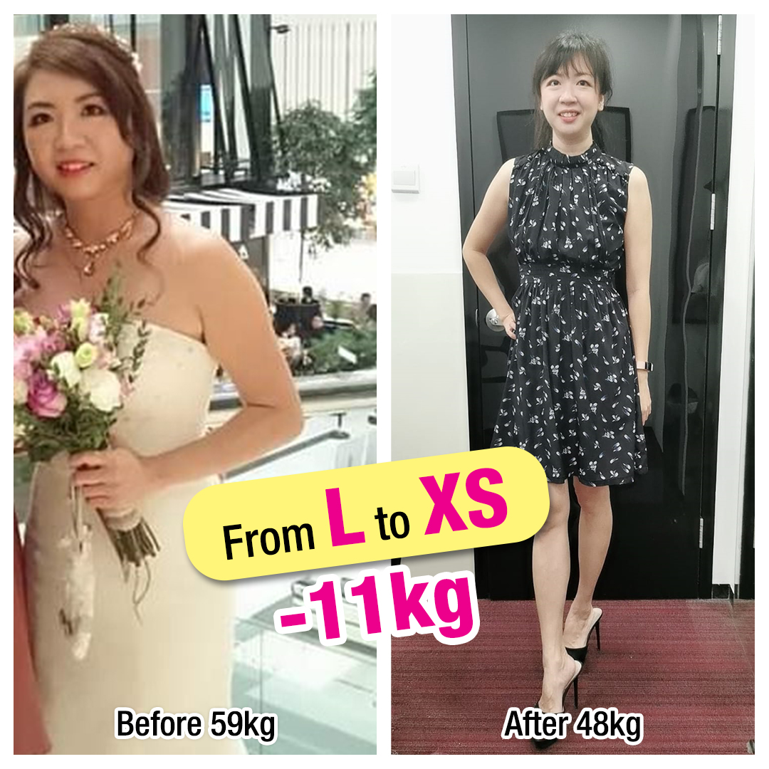 A woman's before and after weight loss transformation, showing a reduction from 59kg to 48kg.