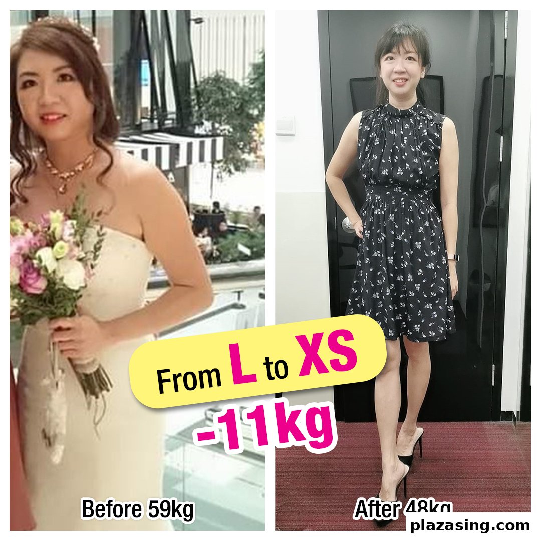 A woman's before and after weight loss transformation, showing a reduction from 59kg to 48kg.