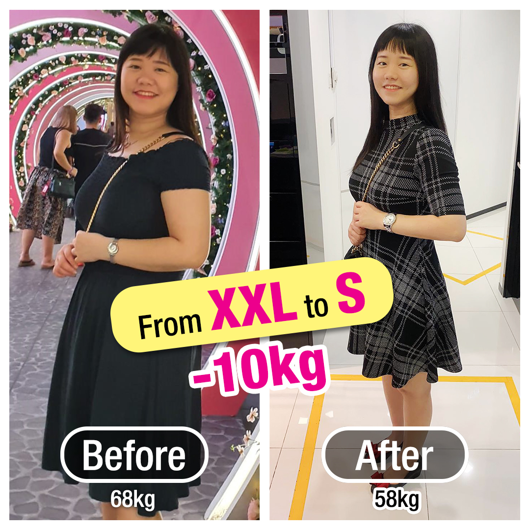 A woman's before and after photos showcasing significant weight loss results from Dorra Slimming.
