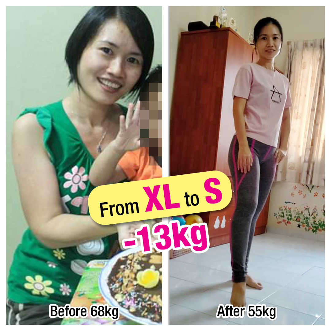 A woman's before-and-after weight loss transformation from 68kg to 55kg, showing a reduction from XL to S.