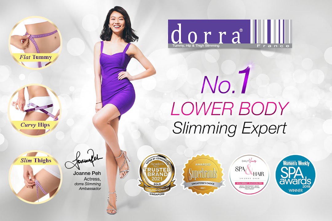 An advertisement for Dorra Slimming featuring ambassador Joanne Peh, highlighting lower body slimming benefits and awards.