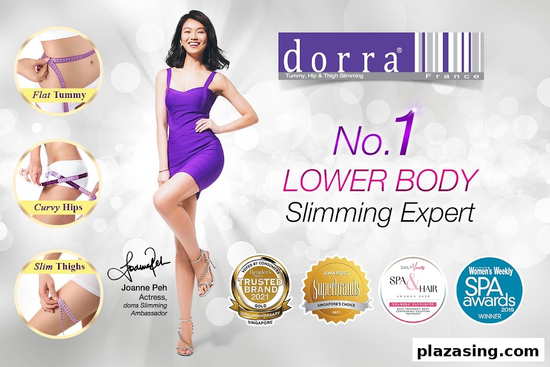An advertisement for Dorra Slimming featuring ambassador Joanne Peh, highlighting lower body slimming benefits and awards.