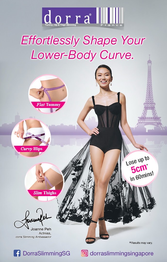 An advertisement for Dorra Slimming featuring Joanne Peh, highlighting lower-body slimming benefits like flat tummy, curvy hips, and slim thighs.