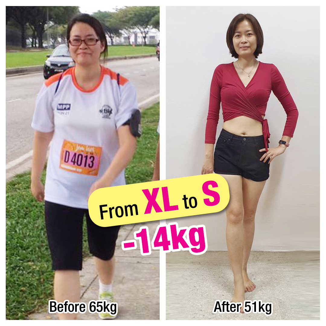 A before-and-after image showcasing a woman's 14kg weight loss from XL to S.