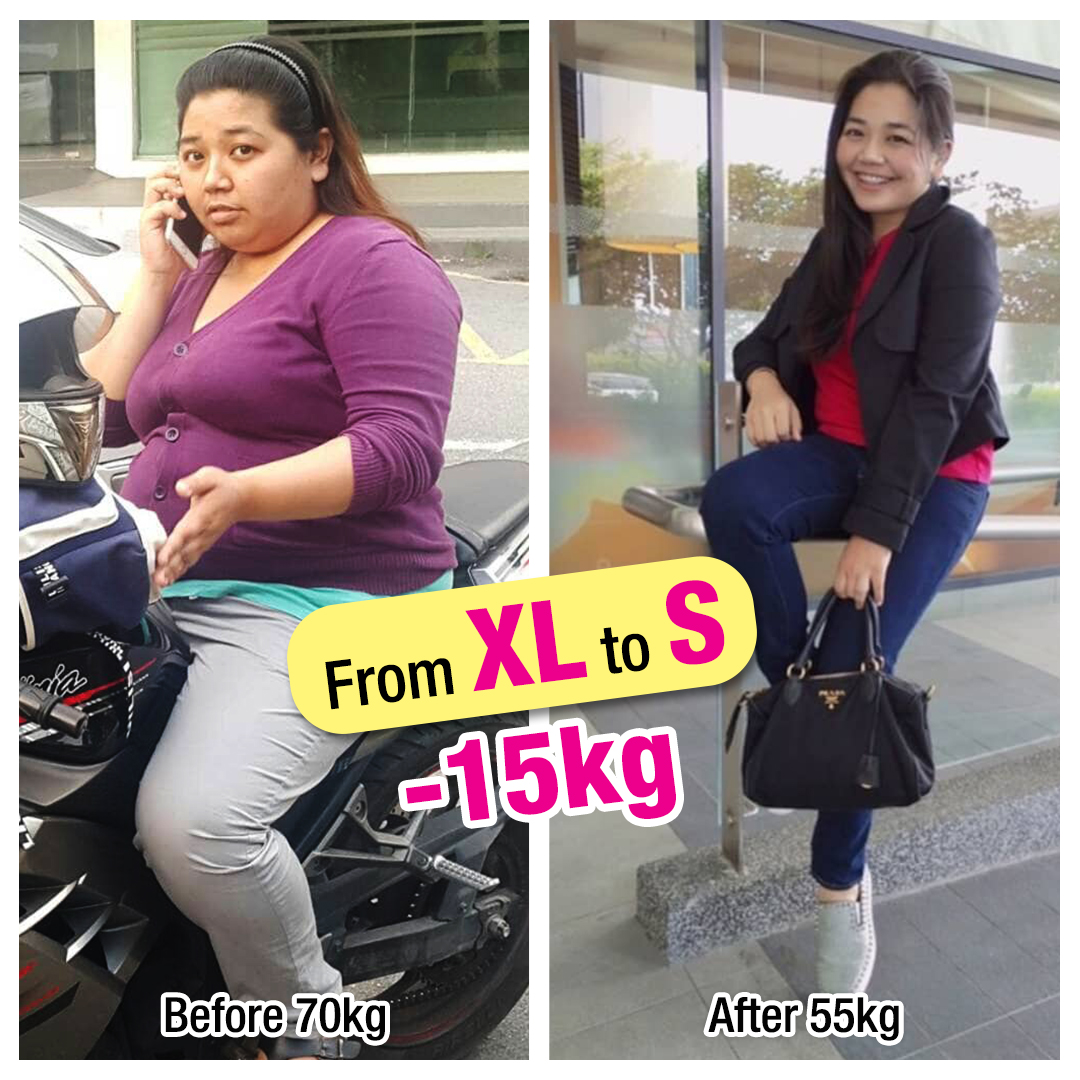 A before-and-after image showcasing a successful 15kg weight loss transformation from XL to S.