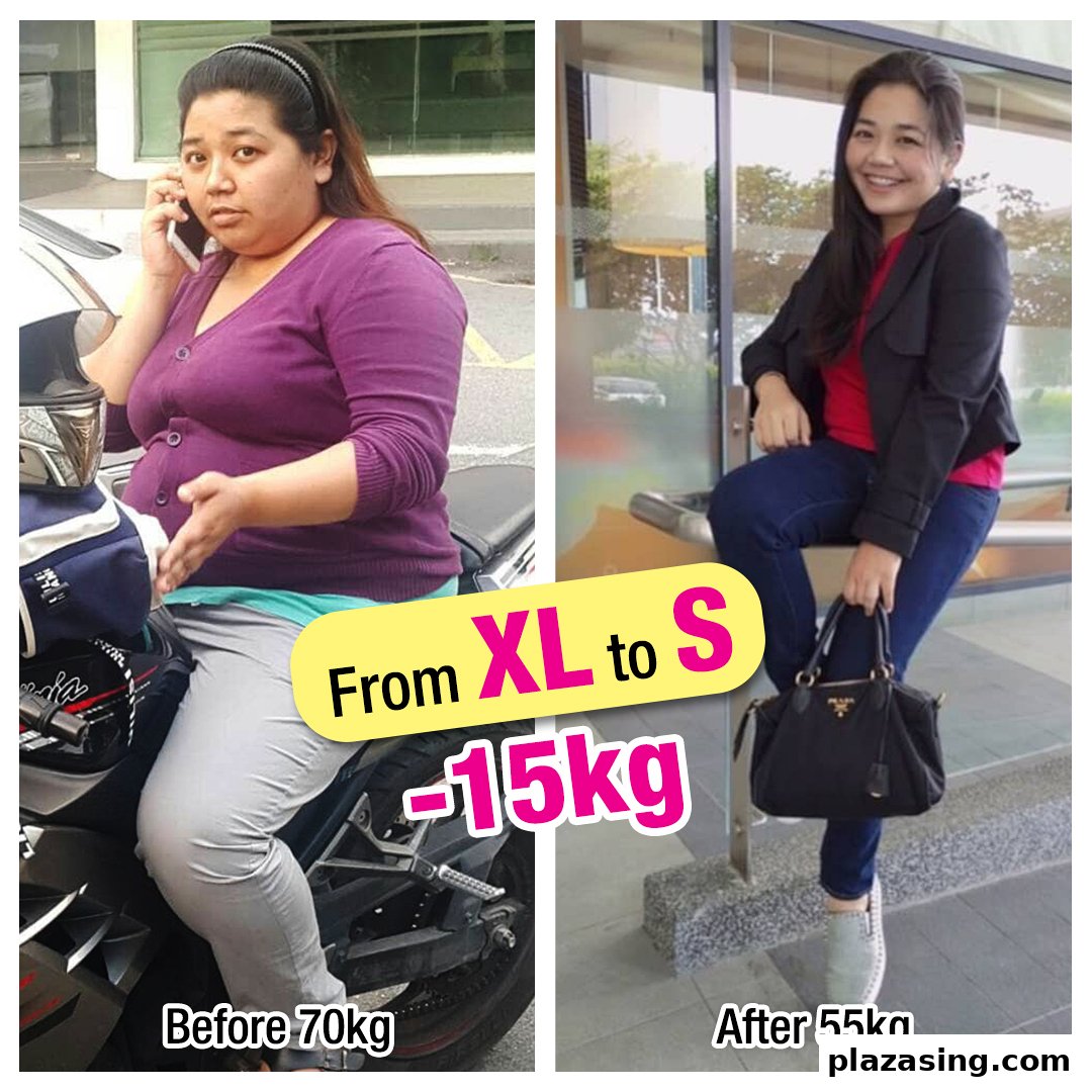 A before-and-after image showcasing a successful 15kg weight loss transformation from XL to S.