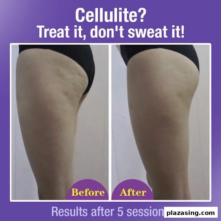 Before and after images showcasing cellulite reduction on a leg after 5 slimming sessions.
