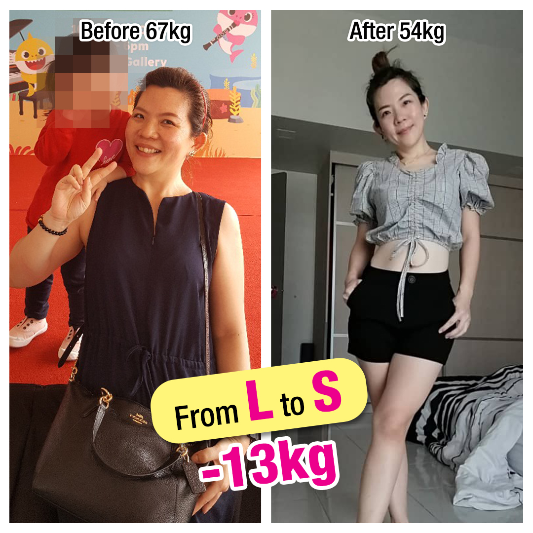A woman's before and after transformation, showing a 13kg weight loss from 67kg to 54kg.