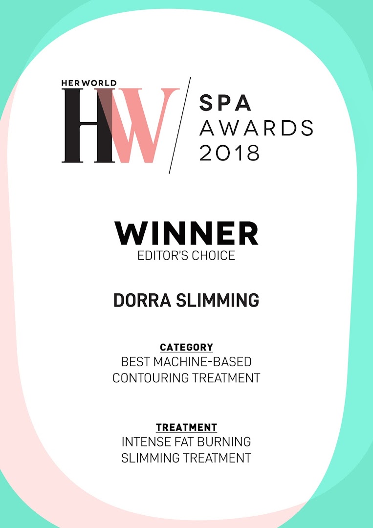 An award graphic recognizing Dorra Slimming as the winner of Her World Spa Awards 2018 for best machine-based contouring treatment.