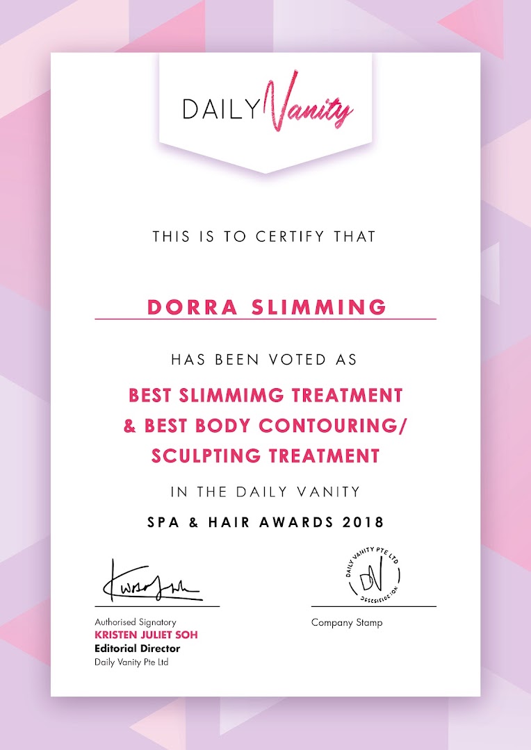 An award certificate from Daily Vanity recognizing Dorra Slimming for best slimming and body contouring treatments.