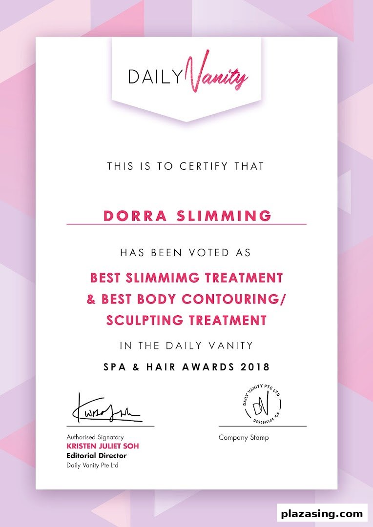 An award certificate from Daily Vanity recognizing Dorra Slimming for best slimming and body contouring treatments.