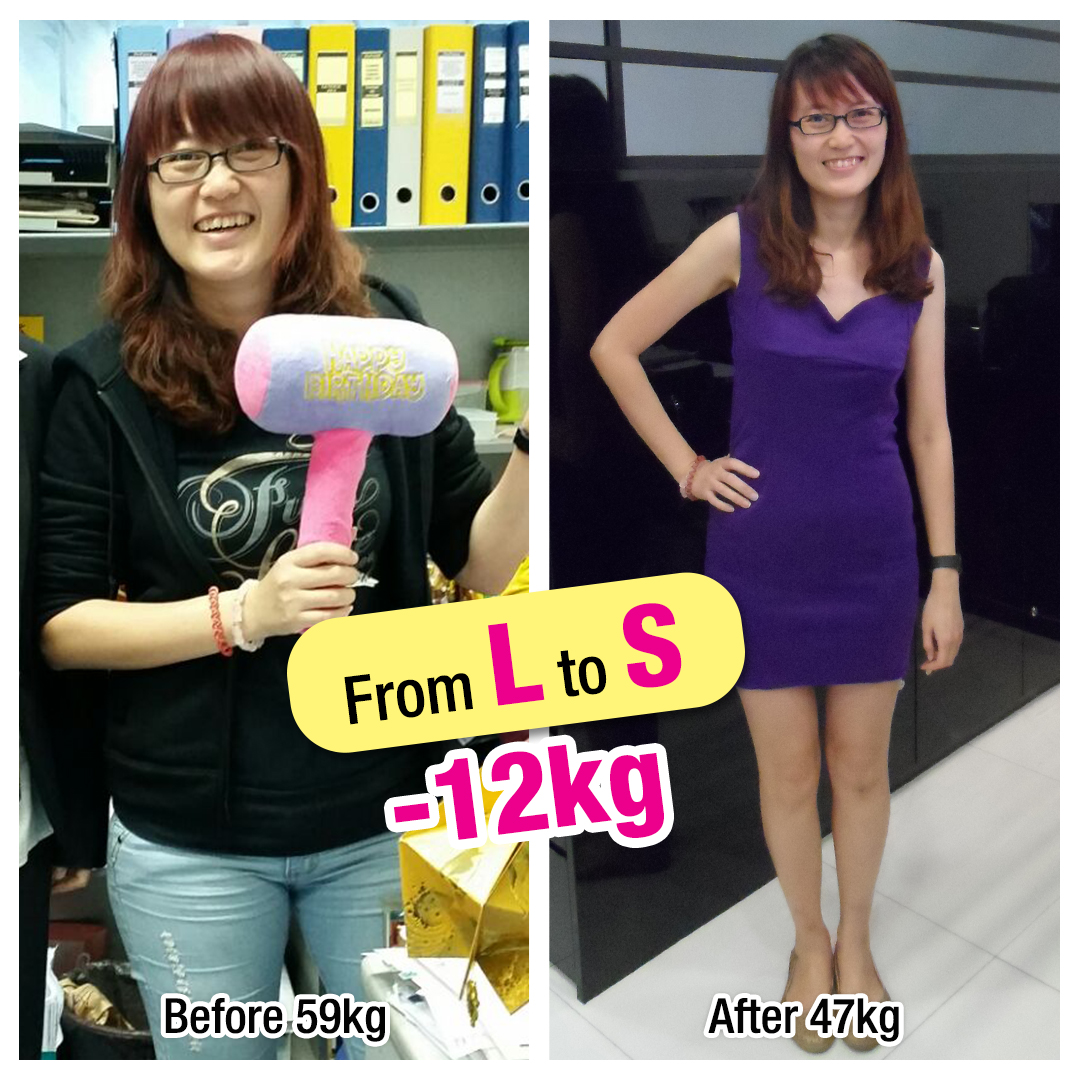 A woman's before and after image showcasing a 12kg weight loss transformation.