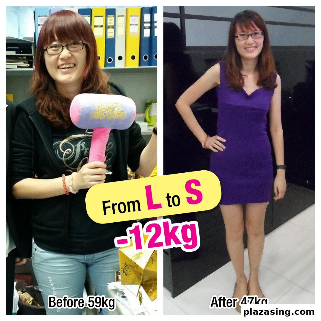 A woman's before and after image showcasing a 12kg weight loss transformation.