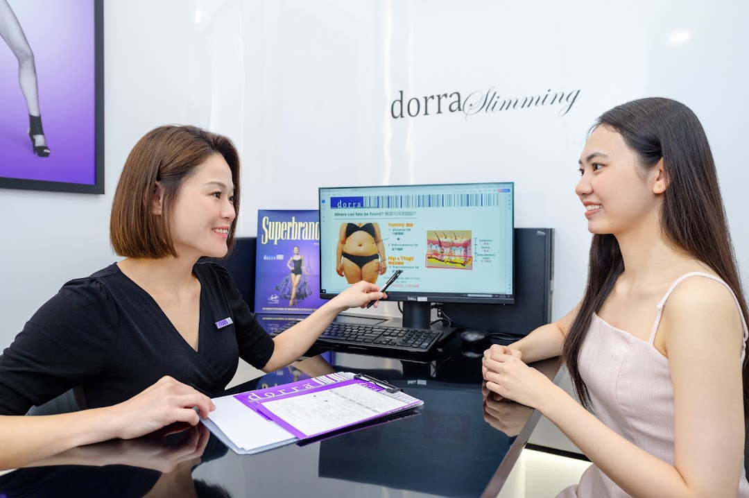 A Dorra Slimming consultant explains treatment details to a client at a consultation desk.