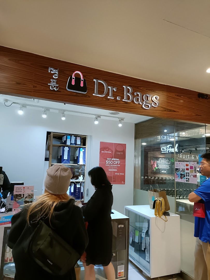 The shop front of Dr.Bags Plaza Singapura, specializing in luxury bag care and restoration.
