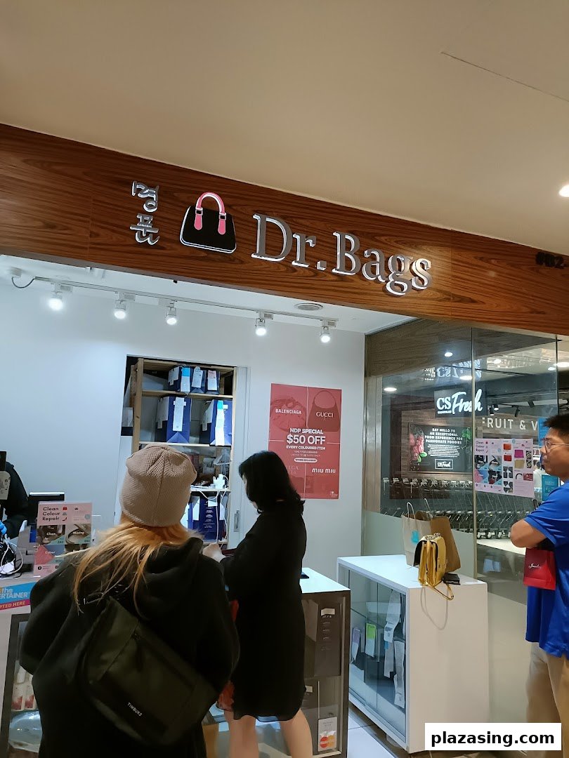 The shop front of Dr.Bags Plaza Singapura, specializing in luxury bag care and restoration.